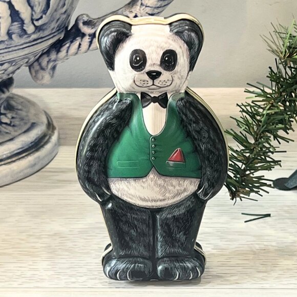 Vintage 1994 Dept 56 Panda Bear Candy Tin Silver Crane Designs Made in England - Picture 1 of 5